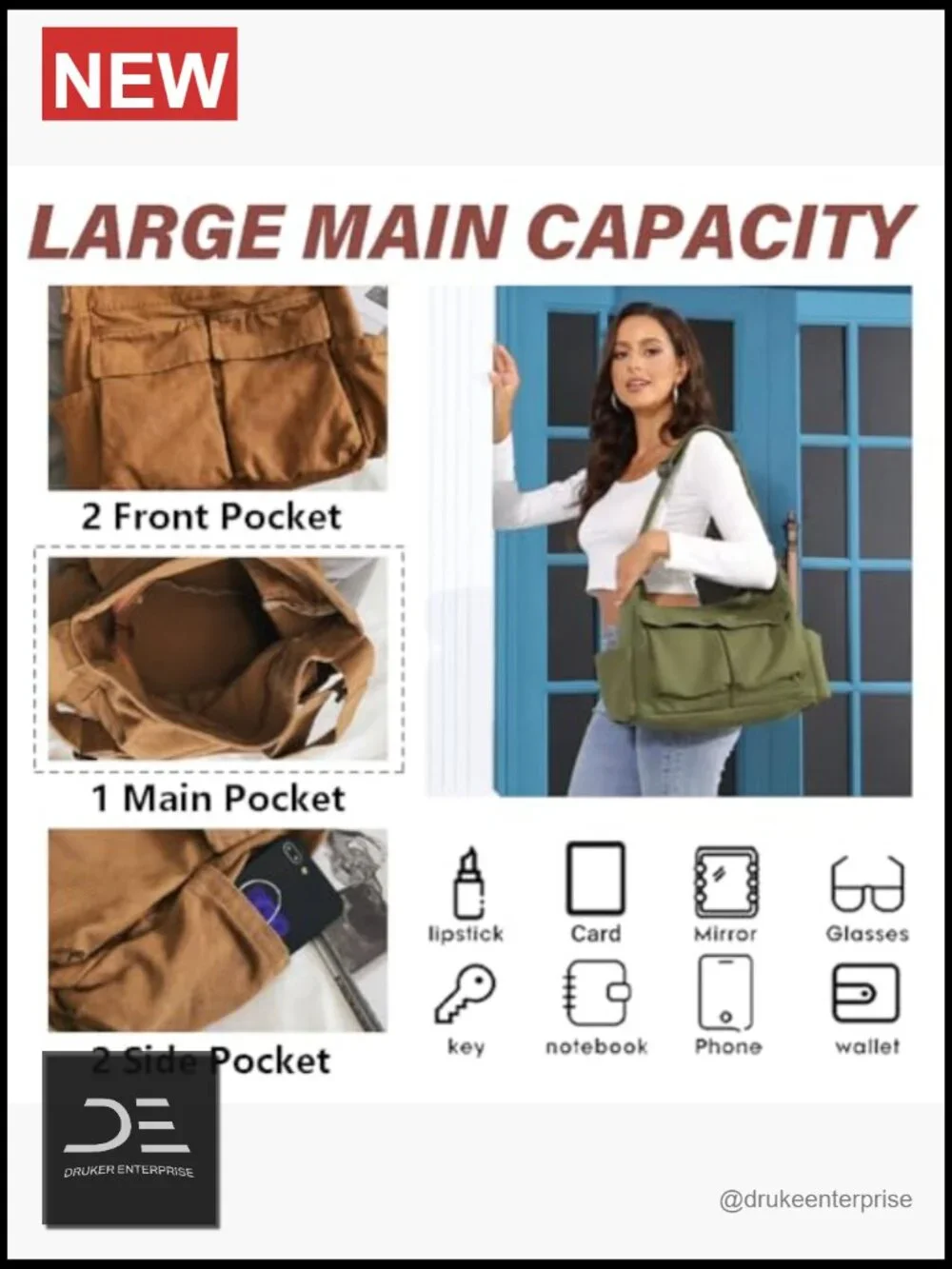 Canvas Messenger Bag Large Hobo Crossbody Shoulder Tote with Pocket
